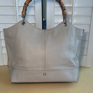 Emma Fox Gray Pebbled Leather Bag Tote Bamboo Handles